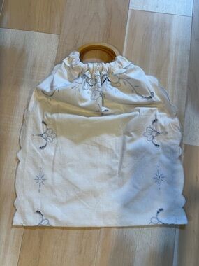 White Embroidered Linen Tote with Wood Handles